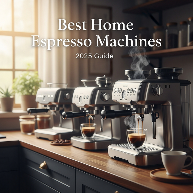 The best home espresso machines of 2025, one pulling a perfect shot of espresso on a kitchen counter.