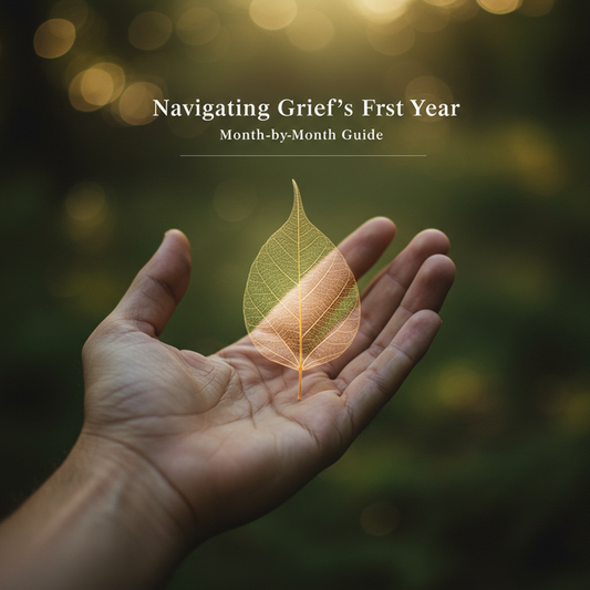 Compassionate hand cradling a glowing leaf, with text 'Navigating Grief's First Year: Month-by-Month Guide'.
