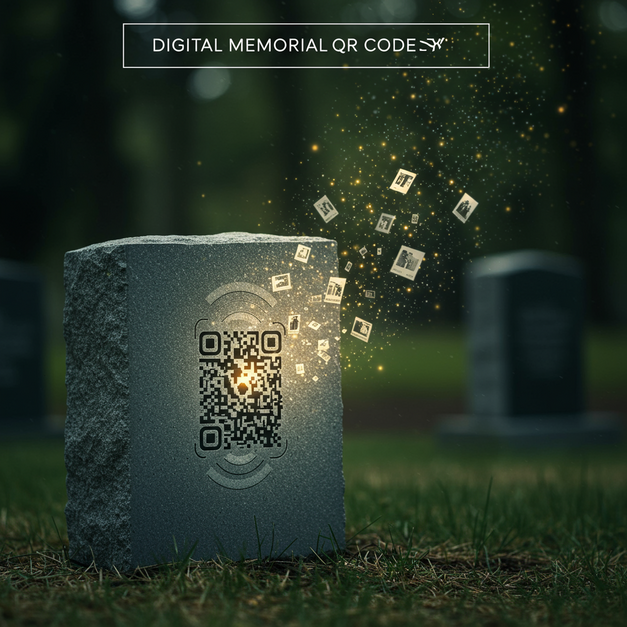 Modern memorial stone with QR code, digital memories rising, and "Digital Memorial QR Codes" text.