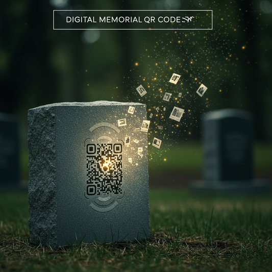 Modern memorial stone with QR code, digital memories rising, and "Digital Memorial QR Codes" text.
