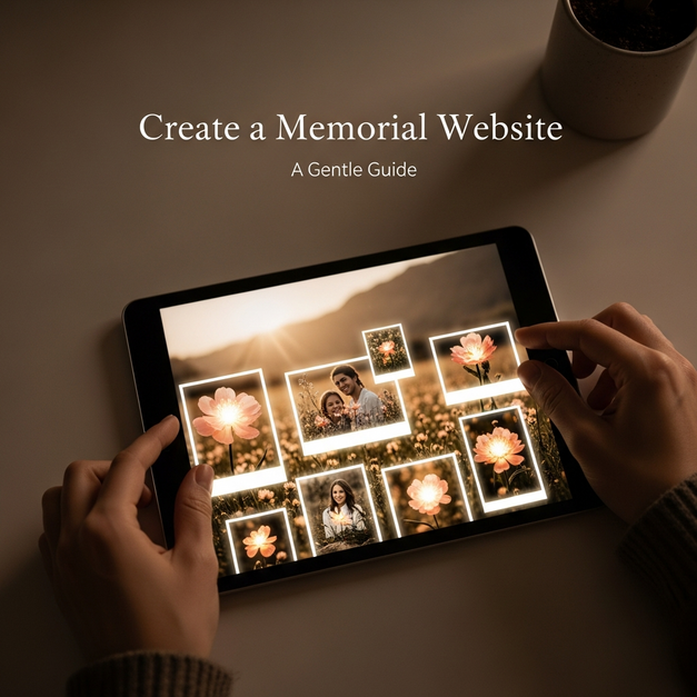 Gentle hands create a memorial website on a tablet, arranging photos in a serene digital garden.