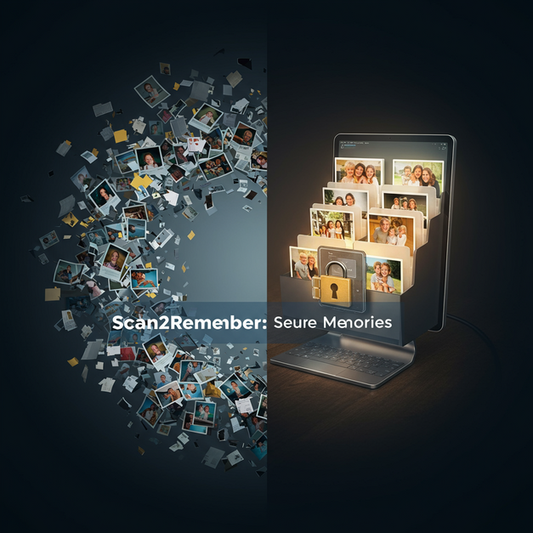 Digital art: chaotic family photos transition to vibrant, secure memories in a vault, with "Scan2Remember: Secure Memories".