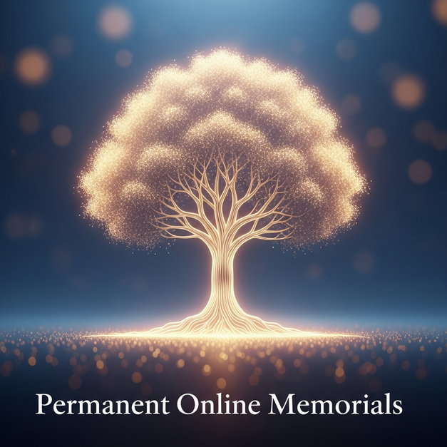 A glowing digital tree of life symbolizing permanent online memorials and lifetime hosting costs.
