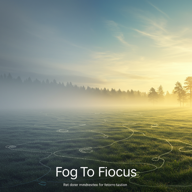 Landscape transitioning from dense fog to a clear, sunlit scene with 'Fog to Focus' text, symbolizing memory improvement.
