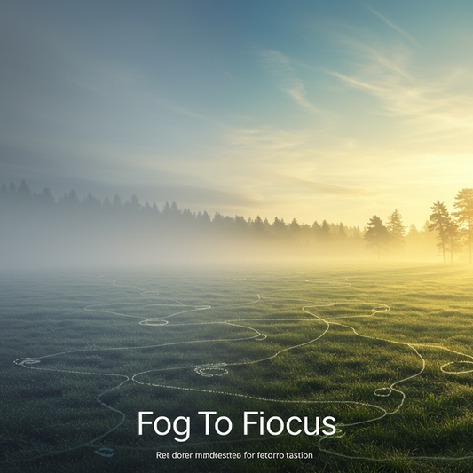 Landscape transitioning from dense fog to a clear, sunlit scene with 'Fog to Focus' text, symbolizing memory improvement.