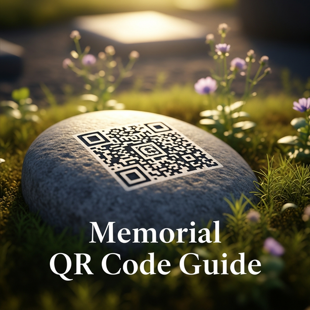 A memorial QR code on a granite stone in a garden, illustrating a guide to the best memorial QR code services.
