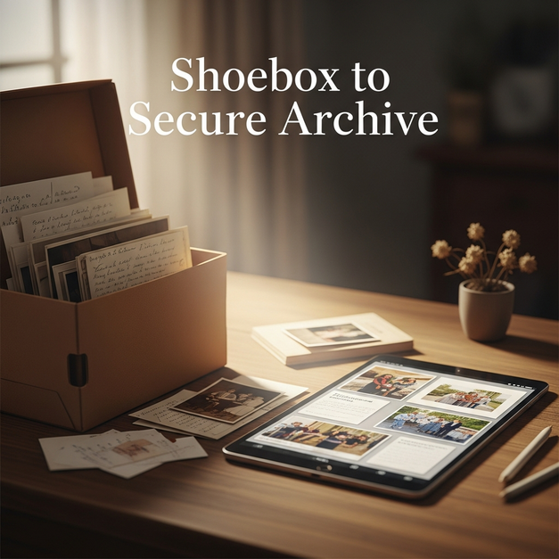 A before-and-after of family story preservation, with a shoebox of old photos flowing into a secure archive on a tablet.