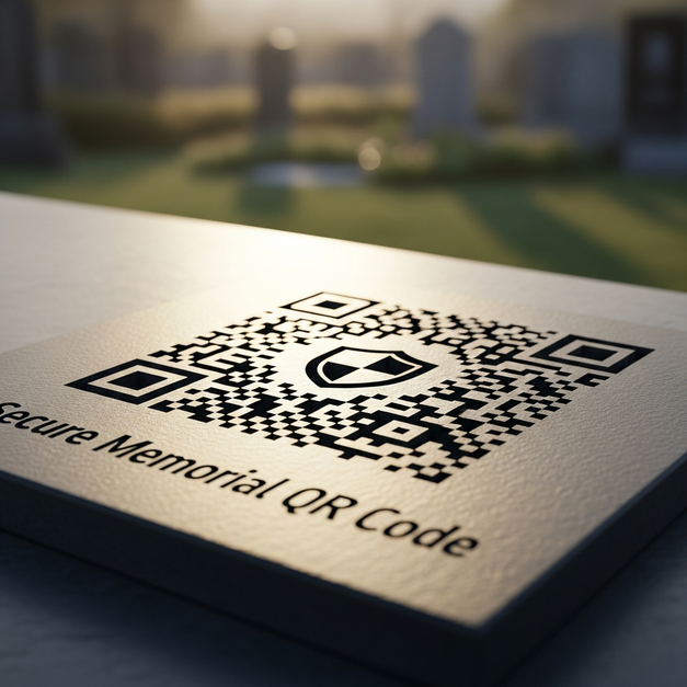 A secure memorial QR code with a shield icon etched onto a slate plaque in a peaceful garden.