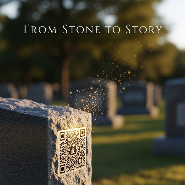 Close-up of a QR code for headstones on granite, with golden light symbolizing an unlocked story.