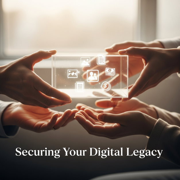Older hands passing a box of digital icons to younger hands, securing a family's digital legacy for peace of mind.