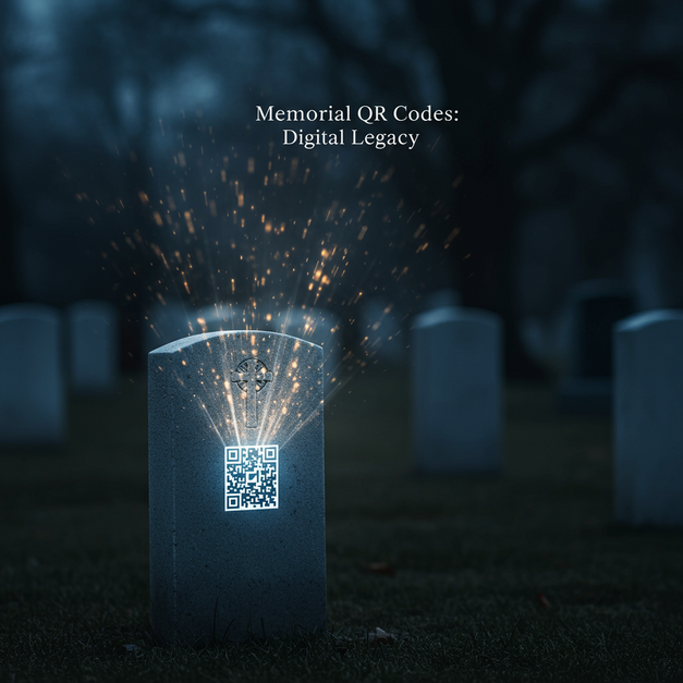 Headstone in a cemetery with a glowing memorial QR code, data streams, and 'Memorial QR Codes: Digital Legacy' text.