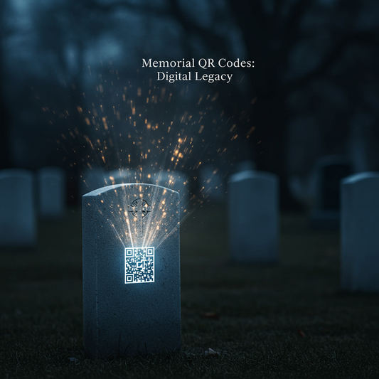 Headstone in a cemetery with a glowing memorial QR code, data streams, and 'Memorial QR Codes: Digital Legacy' text.