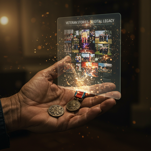 Weathered hand holds a military medal, digitally projecting veteran memories and "Veteran Stories: Digital Legacy."