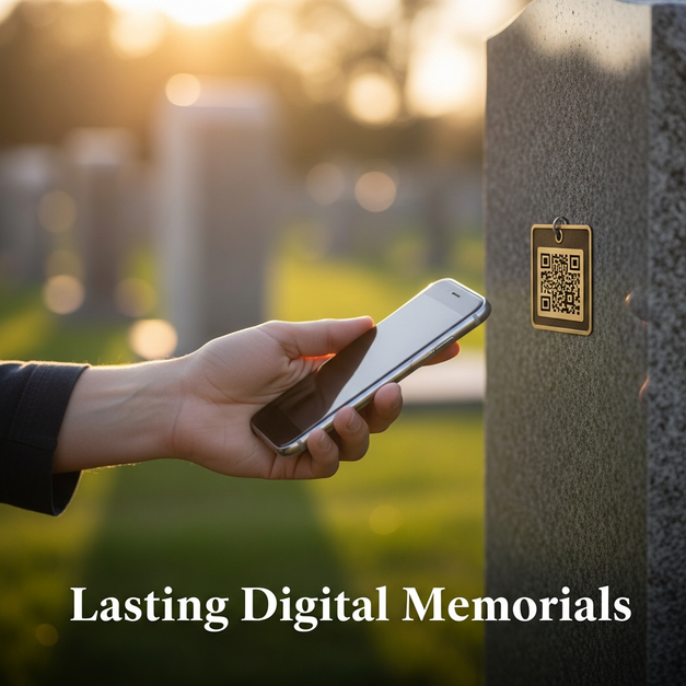 A smartphone scans a QR code on a bronze grave tag, creating a lasting digital memorial on a headstone.