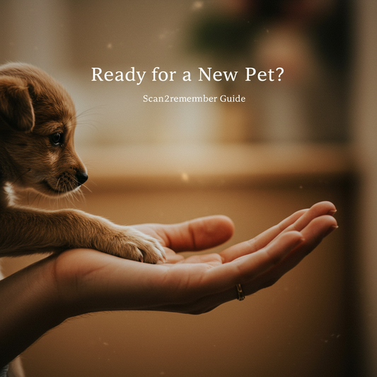 Human hand gently meets a small paw with "Ready for a New Pet?" text, symbolizing readiness and healing after pet loss.