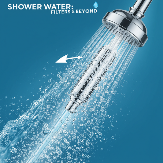 Modern shower filter purifying cloudy water into clear, sparkling water, with text 'Shower Water: Filters & Beyond'.