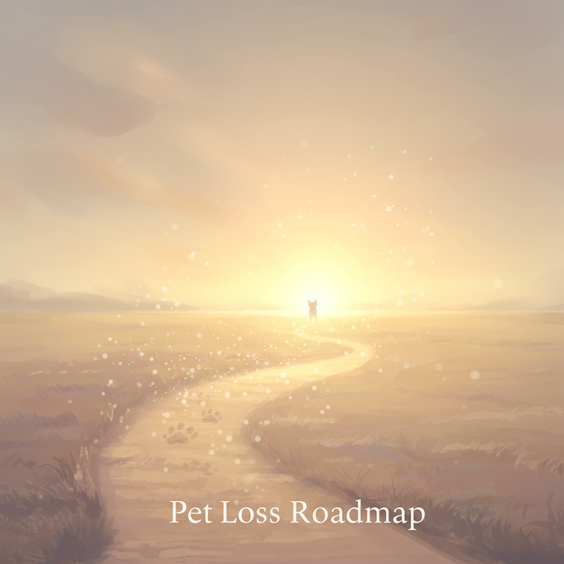 Ethereal path of light with paw prints leading to a glowing horizon, text 'Pet Loss Roadmap'. A compassionate guide for pet loss grief.