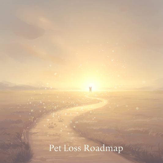 Ethereal path of light with paw prints leading to a glowing horizon, text 'Pet Loss Roadmap'. A compassionate guide for pet loss grief.