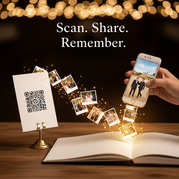 A smartphone scans a QR code for photo sharing at an event, with images magically flowing into a guestbook.