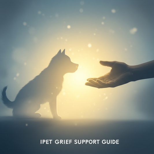 Comforting digital painting for pet grief support, with a human hand reaching for a fading pet silhouette and 'Pet Grief Support Guide' text.