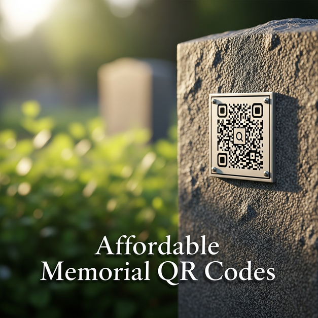 A close-up of an affordable memorial QR code plaque on a sunlit granite gravestone.