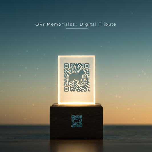 Glowing QR code transforming into a pet silhouette with 'QR Pet Memorials: Digital Tribute' text, symbolizing a lasting digital memorial.