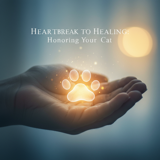 Glowing cat paw print in a human hand, surrounded by soft light, symbolizing healing after cat loss. Text: Heartbreak to Healing: Honoring Your Cat.
