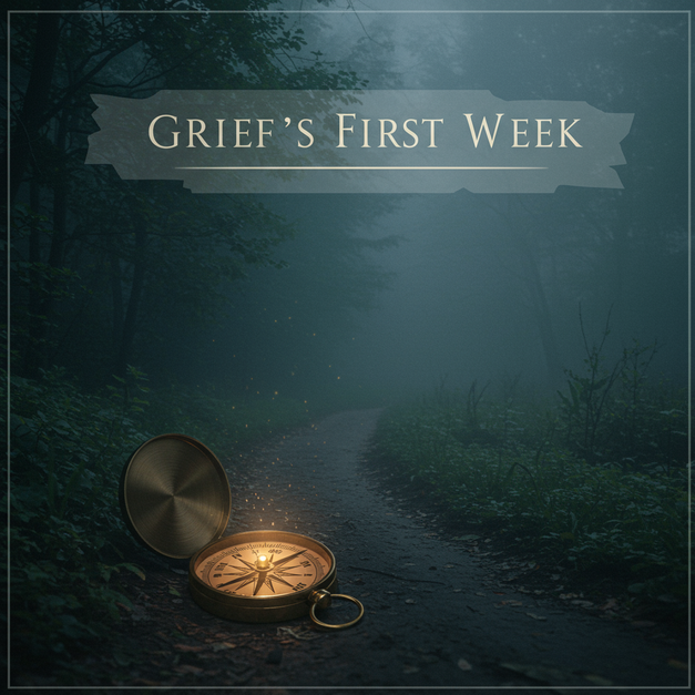 Antique compass with a glowing needle on a misty path, guiding through "Grief's First Week."