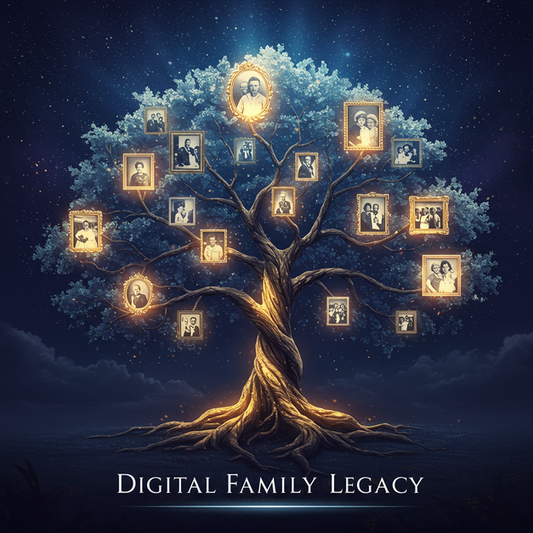 Glowing digital family tree with historical photos, cosmic branches, uniting families for a lasting digital memorial.