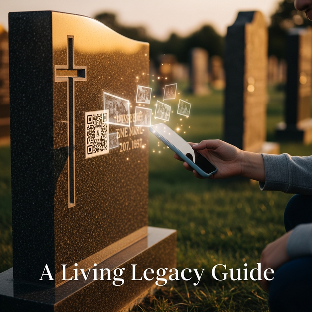 A hand scanning a QR code on an interactive grave marker with a phone, unlocking memories for a living legacy.