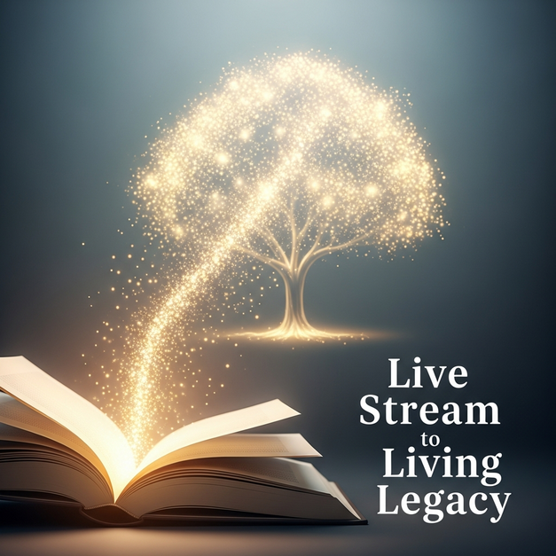 A glowing book releases light particles to form a memory tree, symbolizing the guide to modern remembrance and a living legacy.