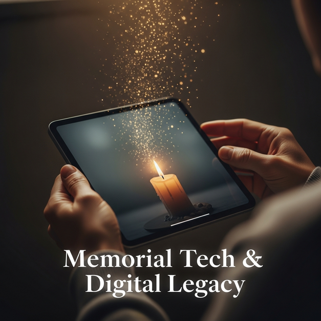Hands holding a tablet showing a memorial live stream, symbolizing the creation of a lasting digital legacy with technology.