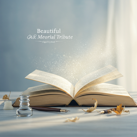 Open antique book and quill with 'Beautiful Memorial Tribute' text, guiding the writing of lasting, empathetic tributes.
