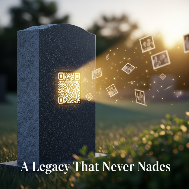 A modern digital gravestone with a glowing QR code projecting a holographic legacy of photos at sunrise.