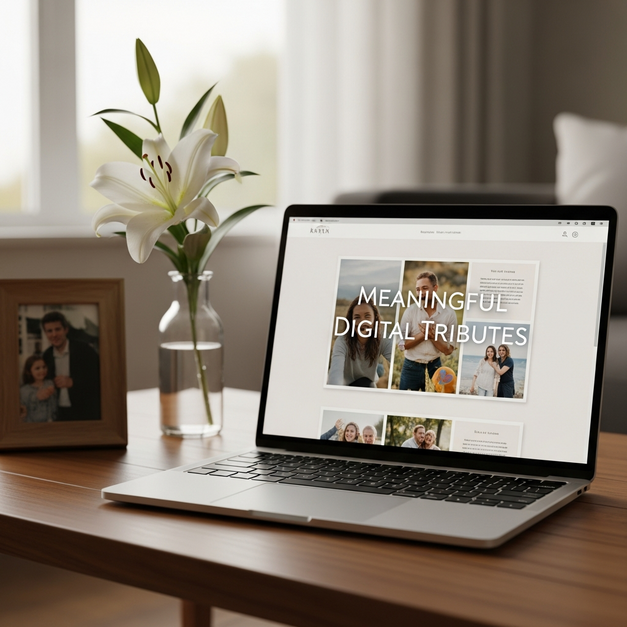 A laptop displaying a meaningful digital tribute hub for a funeral, next to a white lily and a framed photo.
