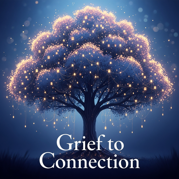 Ethereal tree of glowing lights symbolizing how online memorials turn grief to connection through shared memories.