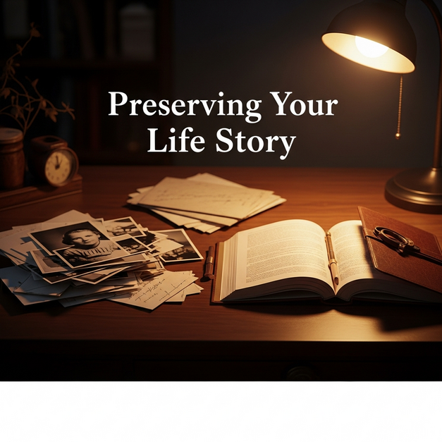 Scattered photos and letters transform into an authored book, a guide to preserving your life story.