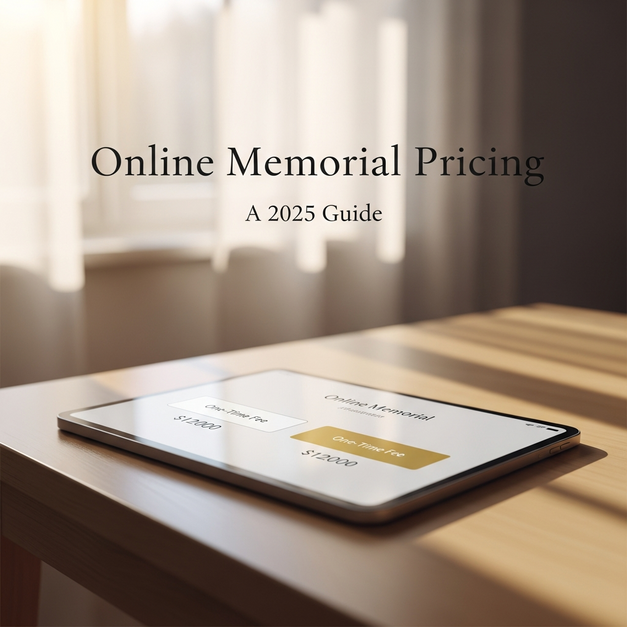 A tablet displaying a 2025 guide to online memorial pricing, comparing different cost options.