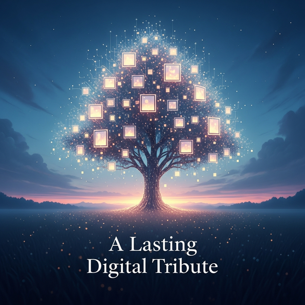 An ethereal tree with digital branches and glowing photo frames, a compassionate metaphor for a digital memorial.