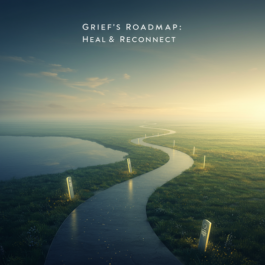 Ethereal winding path, 'Grief's Roadmap: Heal & Reconnect' text, with glowing memorial markers for healing and connection.