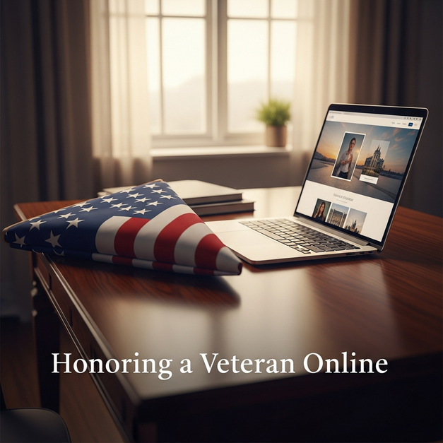 A folded U.S. flag rests by a laptop displaying an online memorial for a veteran in a respectful setting.