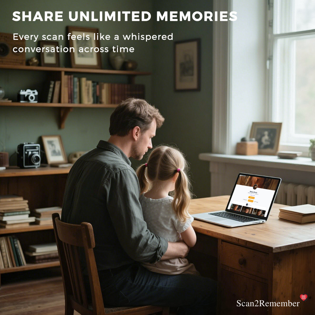Man and young girl sitting at a desk looking at a laptop with 'Share Unlimited Memories' text above.