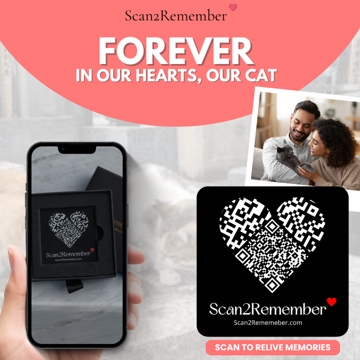 A QR cat memorial plaque with a heart-shaped code beside a photo of a couple holding their cat.