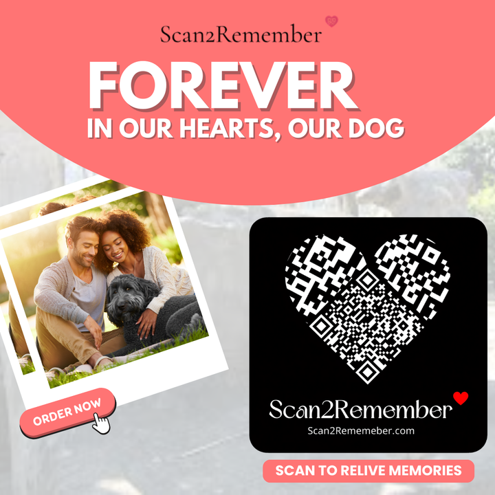 A QR dog memorial plaque with a heart-shaped code beside a photo of a family with their dog.