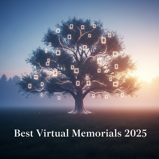 A glowing tree of digital legacy with photo frames as leaves, representing the best virtual memorial platforms.