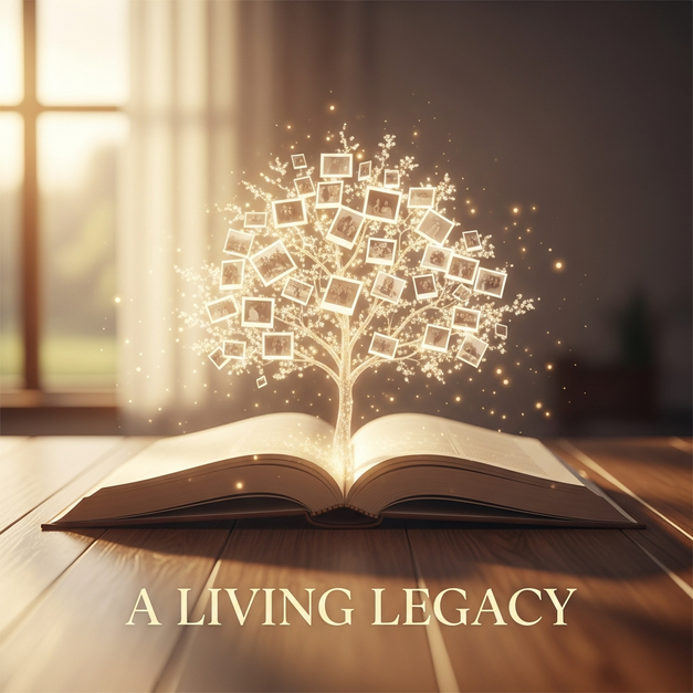An open book sprouts a glowing tree of photo memories, representing the creation of an online memorial as a living legacy.