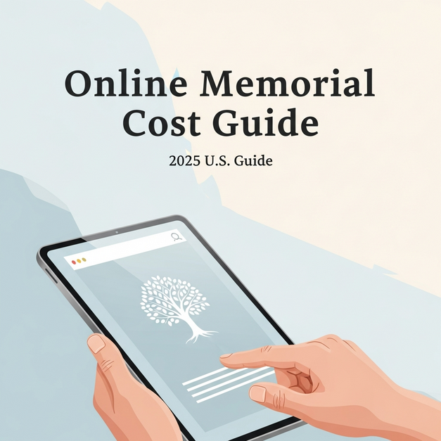 Hands holding a tablet displaying the 'Online Memorial Cost Guide' for 2025 in the U.S.