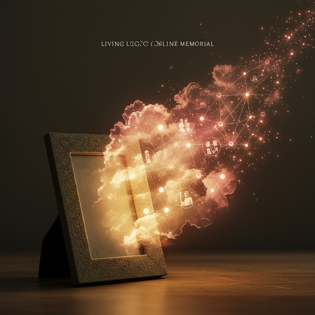 Aged photo with an ethereal network of glowing lights representing connections, featuring 'Living Legacy Online Memorial' text.