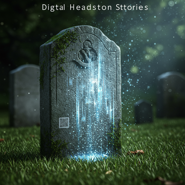 Elegant stone headstone with luminous digital streams, an integrated QR code, and "Digital Headstone Stories" text, symbolizing modern digital memorials.