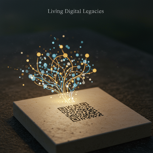 Modern memorial plaque with a QR code emitting a glowing digital network, symbolizing living digital legacies.